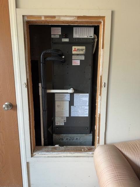 AC Replacement in Dayton — Mitsubishi ducted hyper heat heat pump system with air handler, backup electric heat, and smart communicating thermostat